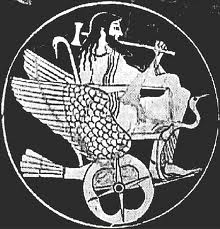 Illustrazione in bianco e nero con una figura alata e una ruota.